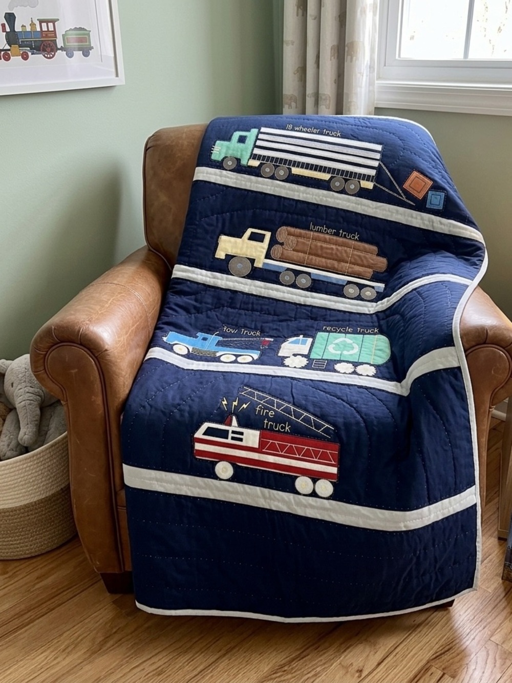 Handmade Transportation Twin size Cotton Embroidered Quilt+1 sham, hand stitched